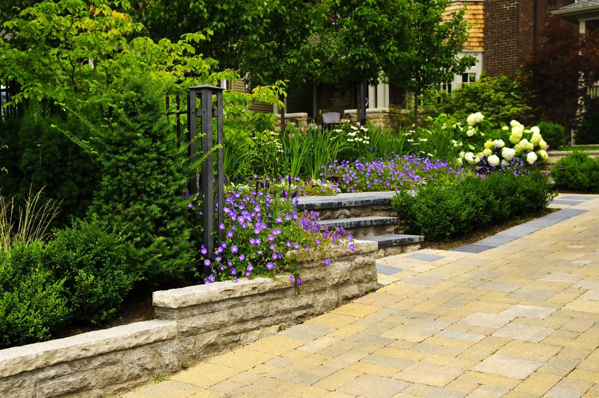 Backyard with clean pavers and retaining wall